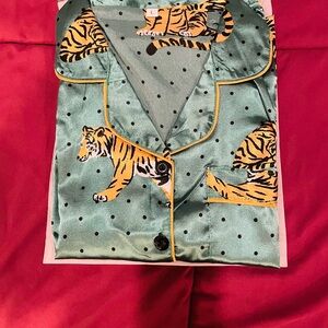 Green Satin Pajama Set with Tiger Print